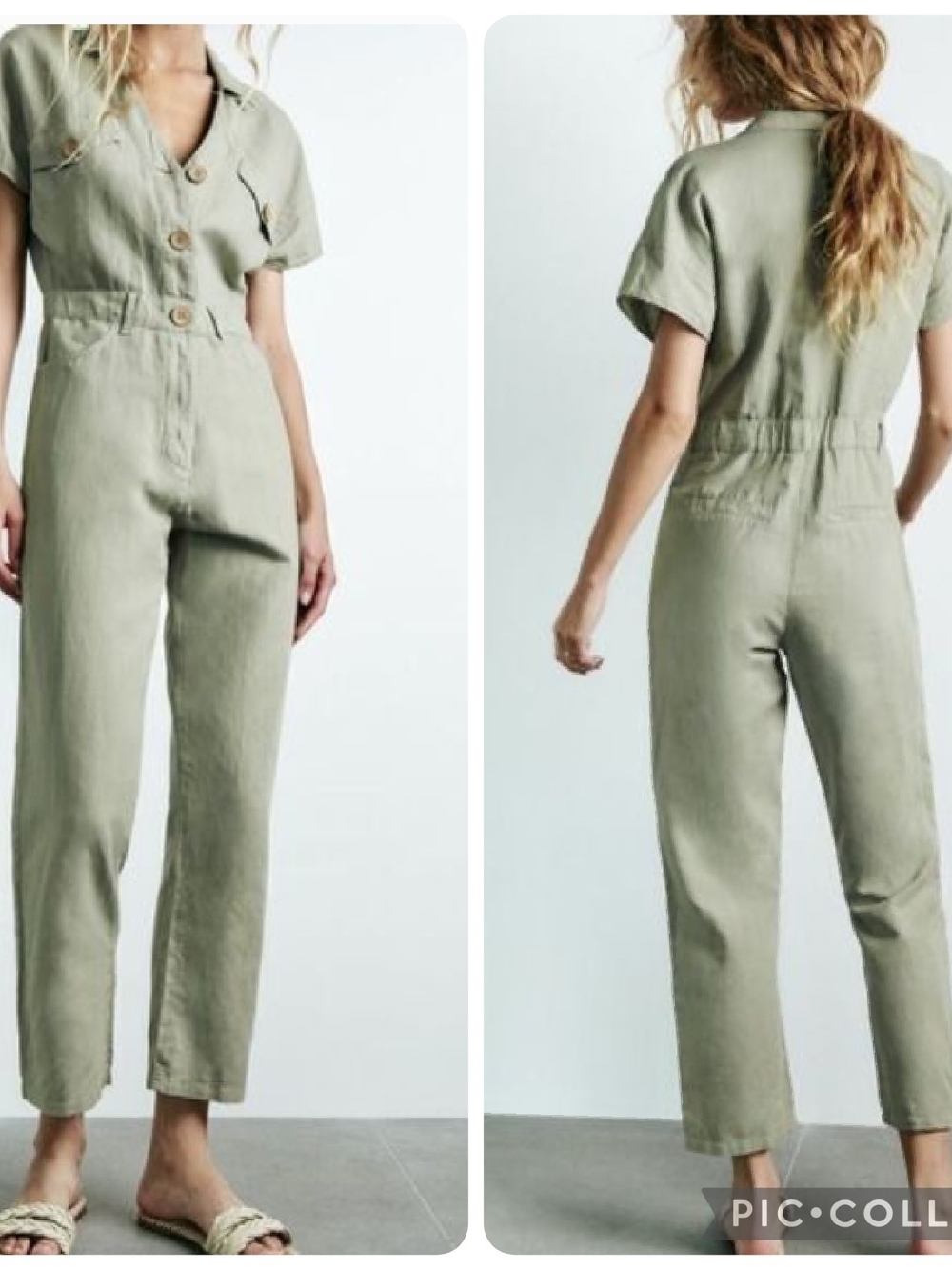 Zara Green Button Front Utility Jumpsuit Linen Cotton Blend Size S